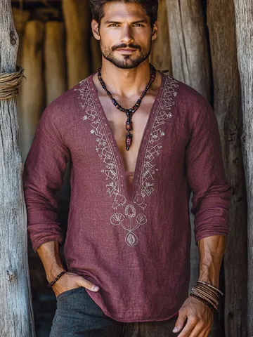 Camicia da Uomo Casual a Maniche Lunghe Scollo a V Leggera Traspirante Ricamata Top Estivo Vestibilità Comoda Camicia di Cotone