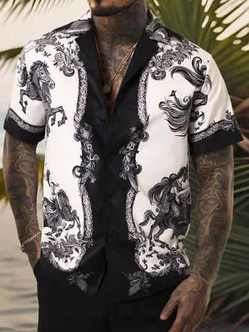 Camicia da Uomo a Maniche Corte con Stampa Cavallo a Inchiostro Revers Estivo Design Unico Taglia Europea Top da Spiaggia Casual
