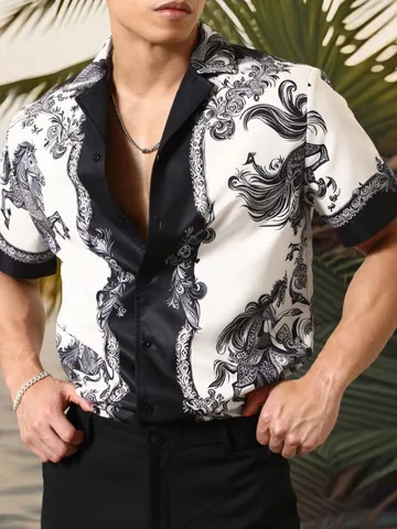 Camicia da Uomo a Maniche Corte con Stampa Cavallo a Inchiostro Revers Estivo Design Unico Taglia Europea Top da Spiaggia Casual