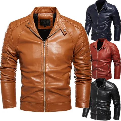 Herren PU Lederjacke Biker-Stil Stehkragen Fleece-Futter Winddicht Gesteppt Slim Fit Top Motorrad Mode Oberbekleidung Herbst Winter Mantel