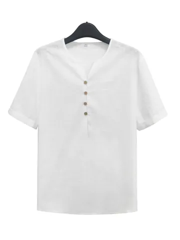 Men Casual Cotton Short Sleeve Shirt Lightweight Breathable V-Neck Stand Collar Top Solid Color Button Summer Henley Top