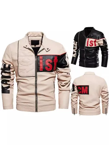 Veste de Moto pour Hommes en Cuir PU Color-block Tendance Col Montant Coupe-vent Doublée en Polaire Biker Top