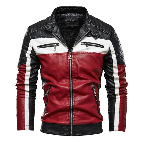 Giacca da Moto in Ecopelle da Uomo Con Collo Alto Foderata in Pile Design a Blocchi di Colore Top in Pelle PU Invernale