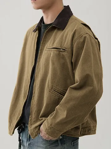 Veste de Travail Détroit Rétro Américain pour Hommes Toile Lavée Velours Côtelé Col à Revers Contrasté Zippé Ample Manteau de Chasse Printemps Automne