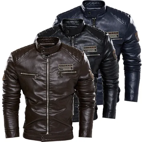 Veste en Similicuir PU pour Hommes Doublée de Polaire Col Montant Manteau Motard Couleur Unie Fermeture Éclair Top