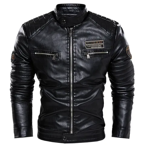 Veste en Similicuir PU pour Hommes Doublée de Polaire Col Montant Manteau Motard Couleur Unie Fermeture Éclair Top