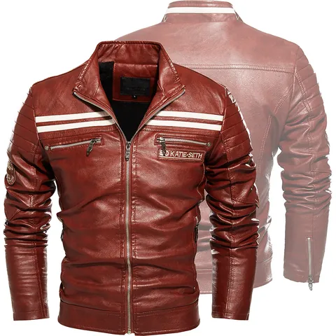 Herren Kunstleder Motorradjacke Mit Kontraststreifen Stehkragen Fleecegefüttert Winter Biker Mantel Slim Fit Oberbekleidung