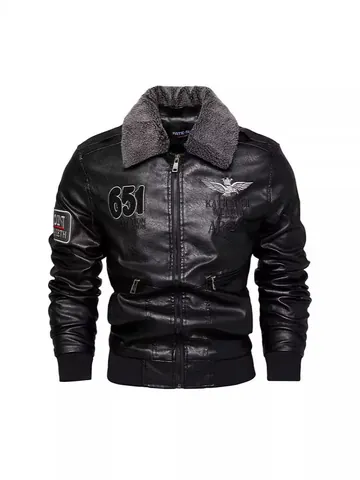 Giacca da Uomo Invernale in Pelle PU con Fodera in Pile Collo in Ecopelliccia Giacca Bomber da Pilota Moda Cappotto Ricamato