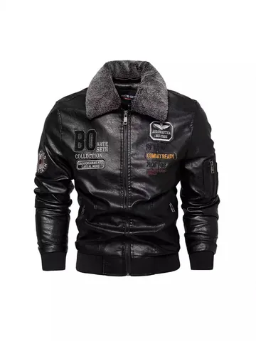 Giacca in Pelle PU da Uomo Western Biker Bomber Capispalla Collo in Ecopelliccia Foderato in Pile Cappotto Caldo Con Distintivi Ricamati Inverno