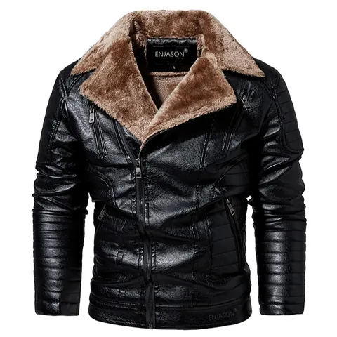Herren Winter PU Lederjacke Fleece Gefüttert Kunstpelzkragen Motorrad Biker Mantel Dicke Warme Synthetische Oberbekleidung Top