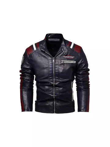 Giacca di Pelle PU da Uomo Stile Moto Foderata in Pile Calda Patchwork di Colori Collo in Piedi Bomber per Inverno Top