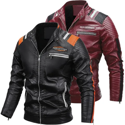 Giacca da Moto da Uomo in Ecopelle PU Collo Coreana Slim Fit Foderata in Pile Bomber Con Strisce a Contrasto Cappotto Invernale