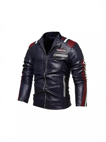 Giacca di Pelle PU da Uomo Stile Moto Foderata in Pile Calda Patchwork di Colori Collo in Piedi Bomber per Inverno Top