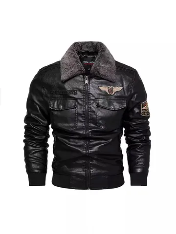 Giacca di Pelle PU Vintage da Uomo Foderata in Pile Caldo Cappotto Invernale da Moto Ricamato Distintivo Pilot Bomber Capispalla