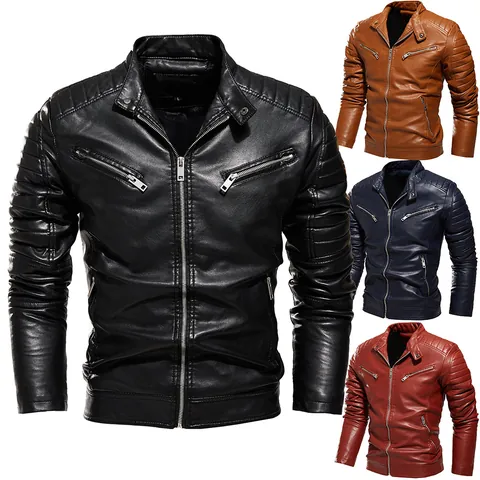 Herren PU-Leder Motorradjacke Mit Vliesfutter Stehkragen Slim Fit Biker Mantel Für Herbst Winter Mode Oberbekleidung Top