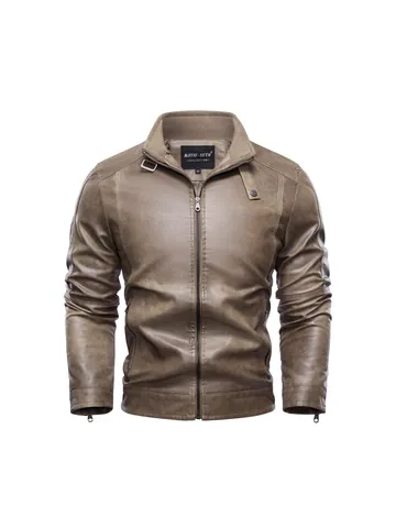 Giacca in Ecopelle Lavata Vintage da Uomo Colletto alla Coreana Giacca Moto in Pelle PU Retro Autunno Inverno Cappotto Imbottito Caldo Top