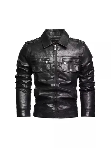 Giacca da Moto in Ecopelle da Uomo Vintage in PU Lavato Revers Multitasca Streetwear Antivento Biker Top