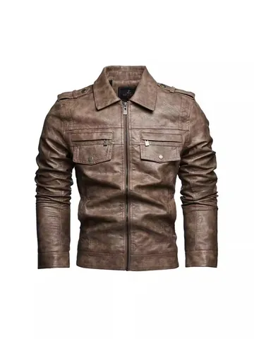 Giacca da Moto in Ecopelle da Uomo Vintage in PU Lavato Revers Multitasca Streetwear Antivento Biker Top