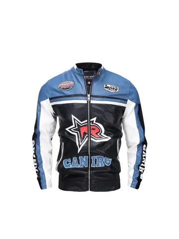 Giacca da Uomo in Pelle PU Street Racing Ricamata a Blocchi di Colore Collo Alto Moda Moto Biker Cappotto Top Taglie Forti
