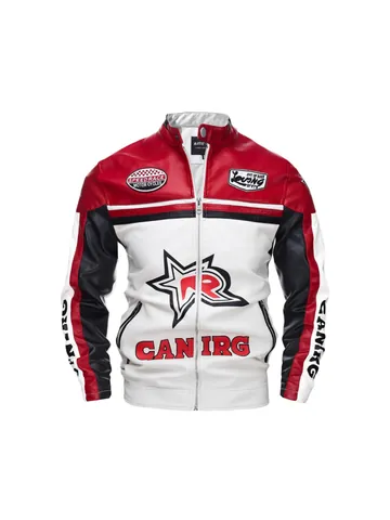 Giacca da Uomo in Pelle PU Street Racing Ricamata a Blocchi di Colore Collo Alto Moda Moto Biker Cappotto Top Taglie Forti