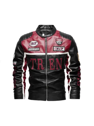 Giacca da Corsa da Uomo in Ecopelle Street Ricamata Color Block Antivento Giacca Moto in PU Slim Fit Moda Capispalla