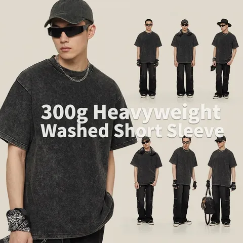 Maglietta da Uomo Heavyweight 300g Lavaggio a Neve Effetto Usurato Vintage Nero Lavato Manica Corta Retro Streetwear Casual Cotone
