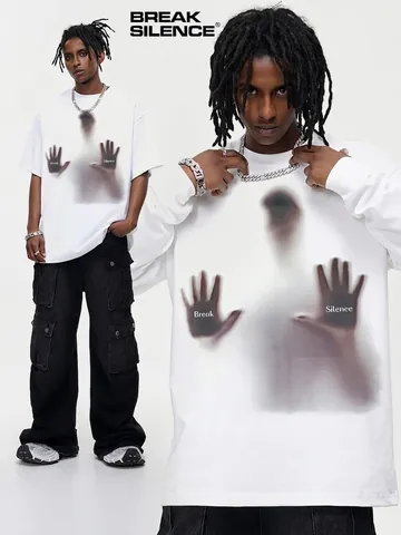 Herren Schweres Reine Baumwolle T-Shirt Amerikanischer Street-Style Porträtdruck Buchstaben Rundhals Lockeres Lässiges Oberteil Streetwear