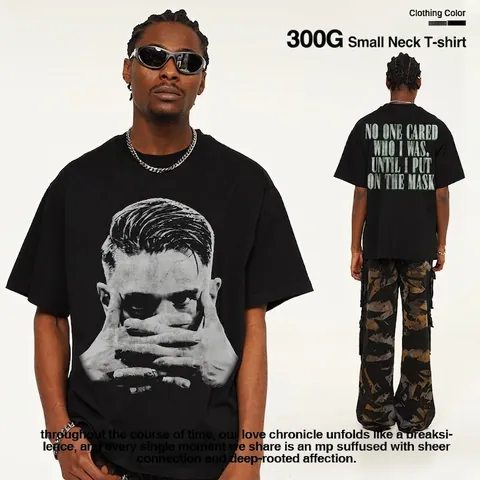 T-Shirt pour Hommes en Coton Poids Lourd Style Vintage Américain Délavé Usé Imprimé Portrait de Viktor Streetwear Top