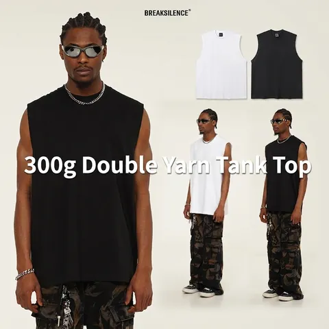 Débardeur Homme en Coton Lourd Streetwear Vintage Américain Gilet sans Manches Large Double Fil Couleur Unie Été