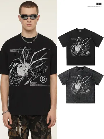 Herren Amerikanisches Retro Y2K Streetwear Spinnen-Druck Schweres Baumwolle T-Shirt Säurewäsche Kurzarm Top