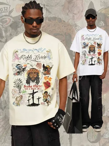 Ανδρικό T-Shirt από Βαρύ Βαμβάκι American Vintage Streetwear Γκράφιτι Άγγελος Χειροποίητο Τύπωμα Κοντό Μανίκι Στρογγυλή Λαιμόκοψη Χαλαρό Top