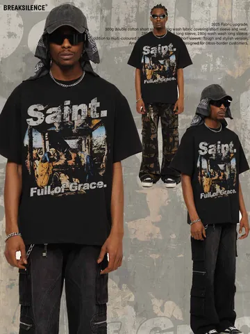 Αμερικάνικο Vintage Streetwear Mural Print Βαρύ Βαμβακερό Κοντομάνικο T-Shirt Για Άνδρες Retro Ξεβαμμένο Άνετη Γραμμή Casual Top