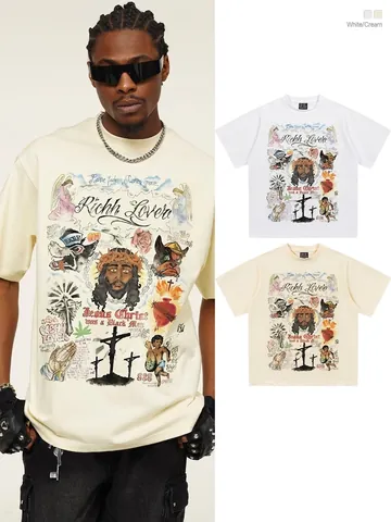 Ανδρικό T-Shirt από Βαρύ Βαμβάκι American Vintage Streetwear Γκράφιτι Άγγελος Χειροποίητο Τύπωμα Κοντό Μανίκι Στρογγυλή Λαιμόκοψη Χαλαρό Top