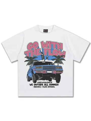 Herren Heavyweight Baumwolle T-Shirt Amerikanisches Retro Auto Illustration Gewaschen Distressed Oversized Kurzarm Streetwear Top