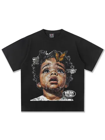 Amerikanisches Vintage Schweres Baumwoll T-Shirt Retro Ölgemälde Porträt Druck Kurzarm Gewaschen Lockeres Streetwear Top