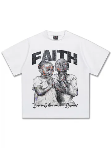 Maglietta da Uomo Vintage Lavata Distressed in Cotone Con Stampa Grafica Faith Top a Manica Corta Vestibilità Comoda Streetwear