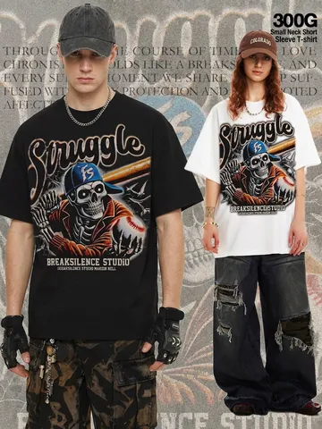 Herren Amerikanisches Vintage High Street Oversized Baumwolle T-Shirt Schweres Baseball Skelett Grafikdruck Kurzarm Top