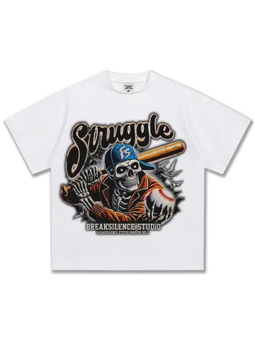 Herren Amerikanisches Vintage High Street Oversized Baumwolle T-Shirt Schweres Baseball Skelett Grafikdruck Kurzarm Top