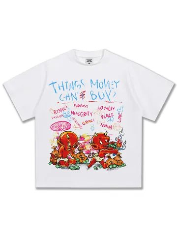 Amerikanisches Retro Schwergewicht Baumwolle T-Shirt Graffiti Kleiner Teufel Illustration Bedruckt Kurzarm Locker Streetwear Top Für Damen Herren