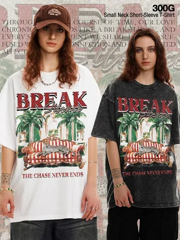 Herren Schweres Baumwoll T-Shirt Amerikanische Vintage Street Washed Gepard Grafik Top Distressed Oversized Kurzarm Tee