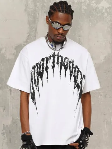 Herren American Streetwear 300G Schweres Baumwolle T-Shirt Gothic Dorn Buchstabe Druck Locker Kurzarm Top