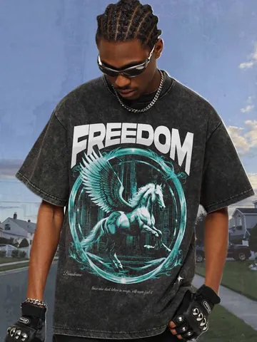 Herren American Vintage Schwerer Baumwolle T-Shirt Einhorn Skulptur Freedom Druck Atmungsaktiv Distressed Schnee Waschen Top