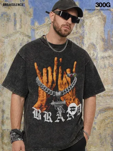 Herren American Retro Schwergewicht Baumwolle T-Shirt Streetwear Gesten Grafik Pistolen Druck Gewaschen Casual Rundhals Kurzarm Top
