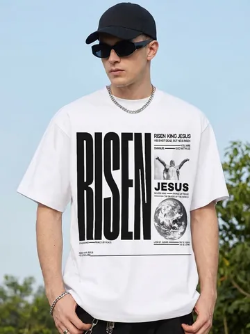 Herren Schweres Baumwolle T-Shirt Amerikanische Streetwear Religiöse Grafik Kurzarm Lockeres Top