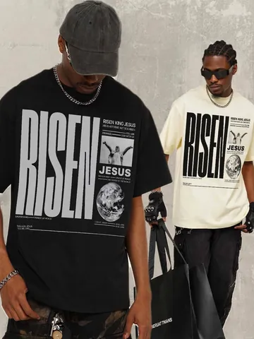 Herren Schweres Baumwolle T-Shirt Amerikanische Streetwear Religiöse Grafik Kurzarm Lockeres Top