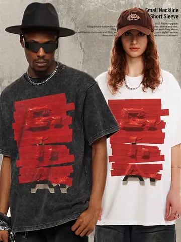 Herren Schweres Baumwoll T-Shirt Amerikanische Streetwear 3D Klebeband Grafik Top Lockerer Sitz Vintage Acid Wash Casual Tee