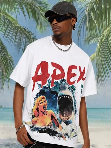 Herren American Retro Schwere Baumwolle T-Shirt Großer Weißer Hai Filmplakat Gewaschen Atmungsaktives Kurzarm Top