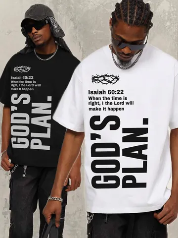Herren American Vintage Streetwear Schwergewichtige Baumwolle T-Shirt God's Plan Bibelvers Druck Locker Kurzarm Top
