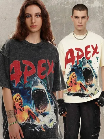 Herren American Retro Schwere Baumwolle T-Shirt Großer Weißer Hai Filmplakat Gewaschen Atmungsaktives Kurzarm Top