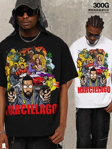 Herren Schweres Baumwolle Manga Grafik T-Shirt Amerikanisches Hip Hop Streetwear Oversize Kurzarm Retro Washed Top Tee